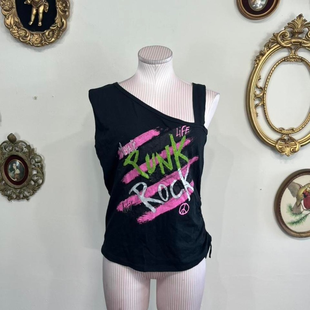 vintage y2k noiz UNLTD Punk Rock Life Tank Top 3XL Black Cotton Asymmetrical